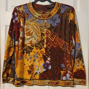 Leonard Paris Brown and Red Patterned Top Sz L Wool & Silk